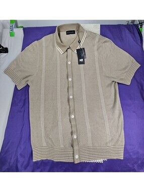 NWT Elie Tahari Men's L Silk Cotton Knit Button Front Polo Shirt Taupe Cream